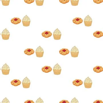Seamless pattern with delicious bakery pastry and sweet dessert items on wh.. Stock Illustration