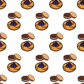 Seamless pattern with delicious blueberry danish pastries and chocolate san.. Stock Illustration