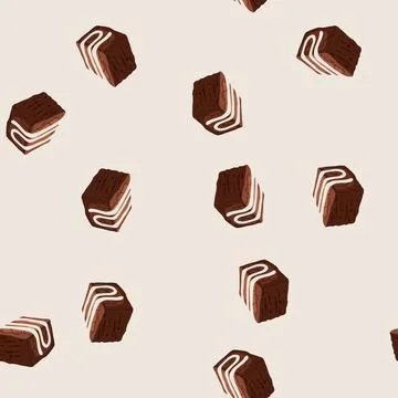 Seamless pattern delicious brownie square with sweet white frosting drizzle Stock Illustration