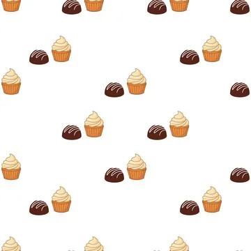 Seamless pattern with delicious chocolate and vanilla cupcakes on white bac.. Stock Illustration