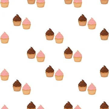 Seamless pattern with delicious chocolate and strawberry cupcakes on a whit.. Stock Illustration