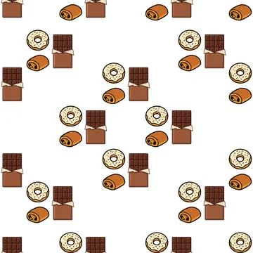 Seamless pattern with delicious chocolate bars donuts and sweet pastries on.. Stock Illustration