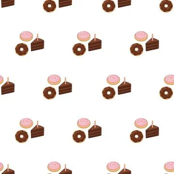 Seamless pattern with delicious chocolate cake slices and sweet donuts on w.. Stock Illustration