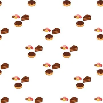 Seamless pattern with delicious chocolate cakes and sweet pastries on white.. Stock Illustration