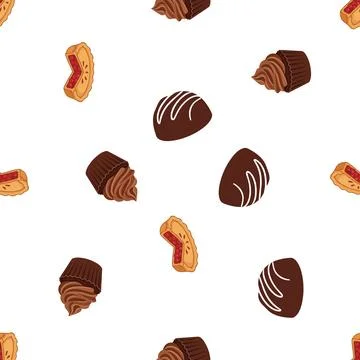 Seamless pattern with delicious chocolate candies and fruit filled pastries.. Stock Illustration