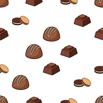 Seamless pattern with delicious chocolate candies and cookies on white back.. Stock Illustration