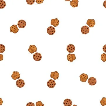 Seamless pattern with delicious chocolate chip muffins on a white background. Stock Illustration