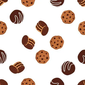 Seamless pattern with delicious chocolate chip cookies and truffles on whit.. Illustrazione stock