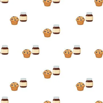 Seamless pattern with delicious chocolate chip muffins and glass jars of jam. Stock Illustration