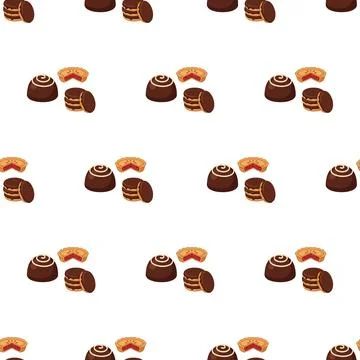Seamless pattern with delicious chocolate cookies and pastries on white bac.. Stock Illustration