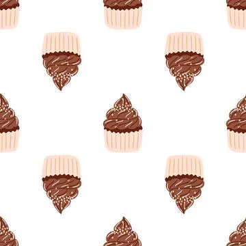 Seamless pattern with delicious chocolate cupcake in cartoon style. Vector ba Stock Illustration