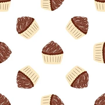 Seamless pattern with delicious chocolate cupcake in cartoon style. Vector Stock Illustration