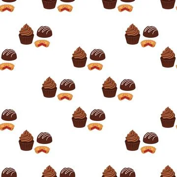Seamless Pattern of Delicious Chocolate Cupcakes and Pastry Treats. Stock Illustration