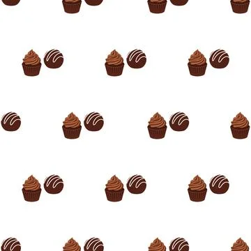 Seamless pattern with delicious chocolate cupcakes and truffles on white ba.. Stock Illustration