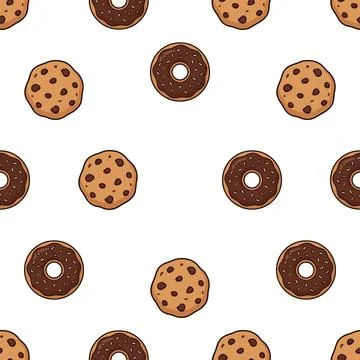 Seamless pattern of delicious chocolate donuts and chocolate chip cookies o.. Stock Illustration