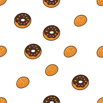 Seamless pattern with delicious chocolate donuts and golden buns for bakery.. Stock Illustration