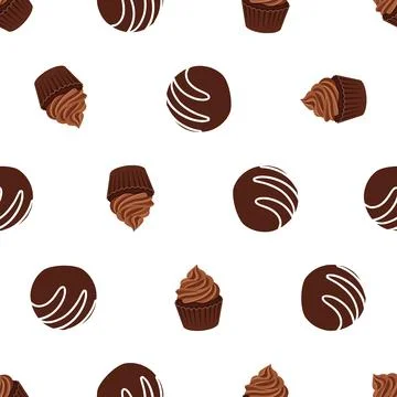 Seamless pattern with delicious chocolate truffles and cupcakes. Stock Illustration