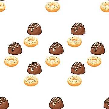 Seamless pattern with delicious chocolate truffles and glazed donuts for ba.. Stock Illustration