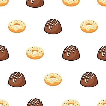Seamless pattern with delicious chocolate truffles and glazed donuts on whi.. Stock Illustration