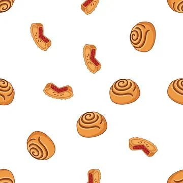 Seamless pattern with delicious cinnamon rolls and fruit filled danish past.. Stock Illustration