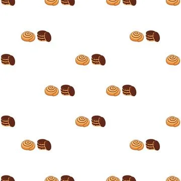 Seamless pattern with delicious cinnamon rolls and chocolate cookies on whi.. Stock Illustration