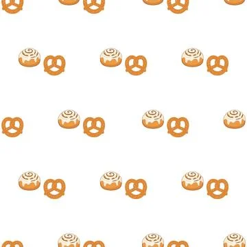 Seamless pattern with delicious cinnamon rolls and salty pretzels on white .. Stock Illustration
