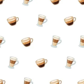 Seamless pattern with delicious coffee latte cups on white background. Stock Illustration