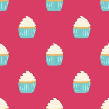 Seamless pattern with delicious cupcake in cartoon style. Vector background w Stock Illustration