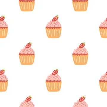 Seamless pattern with delicious cupcake in cartoon style. Vector background w Stock Illustration