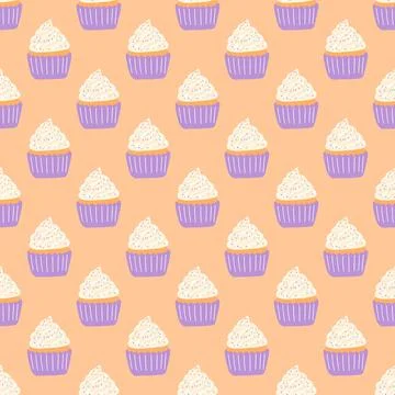 Seamless pattern with delicious cupcake in cartoon style. Vector background w Stock Illustration