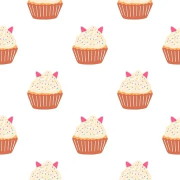 Seamless pattern with delicious cupcake in cartoon style. Vector background w Stock Illustration