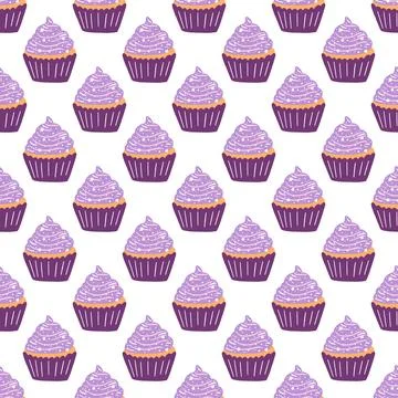 Seamless pattern with delicious cupcake in cartoon style. Vector background w Stock Illustration