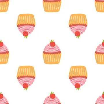 Seamless pattern with delicious cupcake in cartoon style. Vector background with Stock Illustration