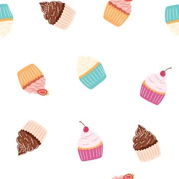 Seamless pattern with delicious cupcake in cartoon style. Vector background with Stock Illustration