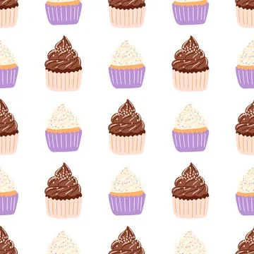 Seamless pattern with delicious cupcake in cartoon style. Vector background w Stock Illustration