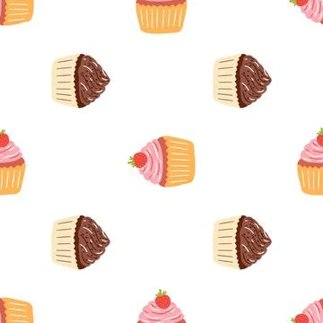 Seamless pattern with delicious cupcake in cartoon style. Vector background w Stock Illustration