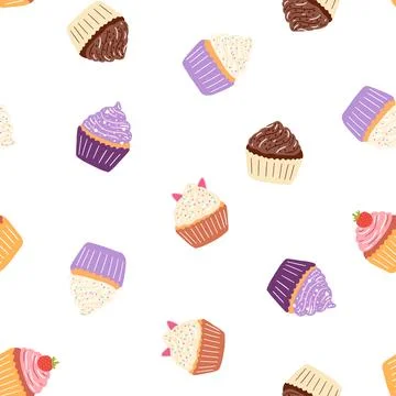 Seamless pattern with delicious cupcake in cartoon style. Vector background w Stock Illustration