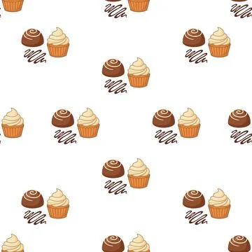 Seamless pattern with delicious cupcakes and chocolate truffles for bakery .. Stock Illustration