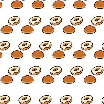 Seamless pattern of delicious donuts and round bread buns on white background Stock-Illustration
