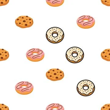 Seamless pattern with delicious donuts and chocolate chip cookies on white .. Stock Illustration