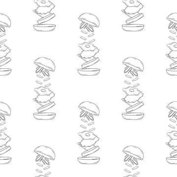 Seamless pattern of delicious hand drawn burgers detail version Stock Illustration