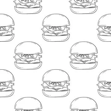 Seamless pattern of delicious hand drawn burgers on a white background Stock Illustration