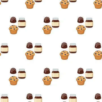Seamless pattern with delicious muffins and chocolate spread jars. Stock Illustration