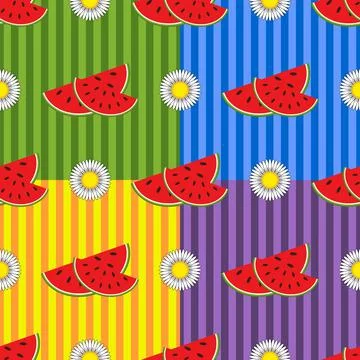 Seamless pattern of delicious red watermelon slices and white flowers on a mu イラスト素材