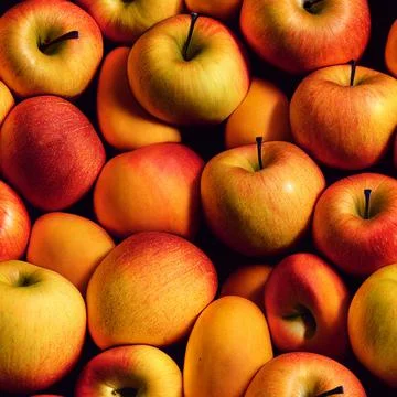 Seamless Pattern of Delicious Ripe Red and Yellowish Apples on Black Background Stock-Fotos