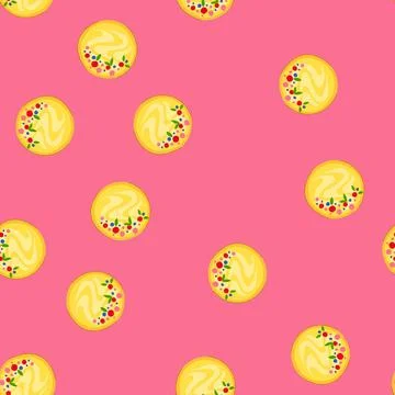 Seamless pattern delicious sweet dessert cake with colorful toppings overhead Stock Illustration