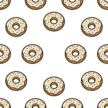 Seamless pattern with delicious sweet glazed donuts on white background. Illustrazione stock