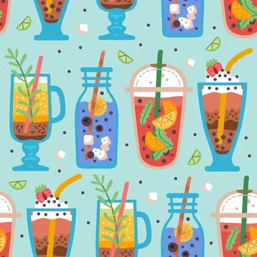 Seamless pattern with delicious vegan drinks, tasty juices or smoothies Stockillustratie