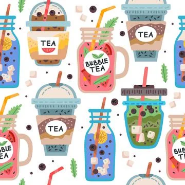 Seamless pattern with delicious vegan drinks, tasty juices or smoothies Stock Illustration