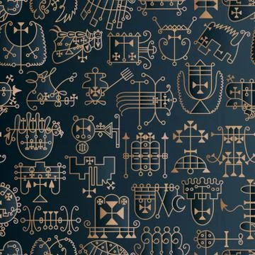 Seamless pattern with demon symbols and their sigils. Occult sings collection Stock Illustration